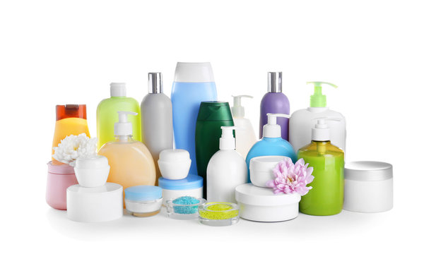 Composition of body care products on white background
