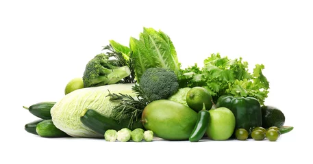Wall murals Vegetables Green vegetables and fruits on white background. Food photography