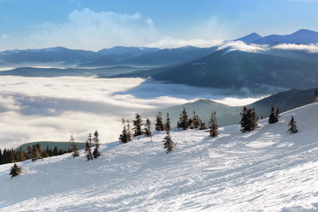 Ski slope at snowy resort on winter day