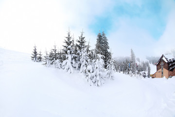 Beautiful ski resort on snowy day. Winter vacation