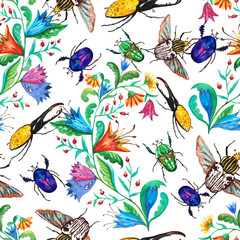 Seamless pattern with flowers and tropical bugs