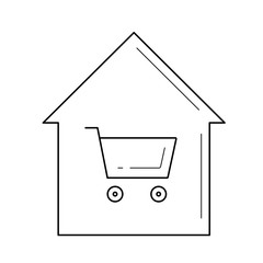 Home buying vector line icon isolated on white background. House with shopping cart line icon for infographic, website or app. Concept of home buying.