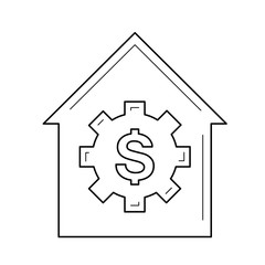 House price vector line icon isolated on white background. House with price inside cogwheel line icon for infographic, website or app.
