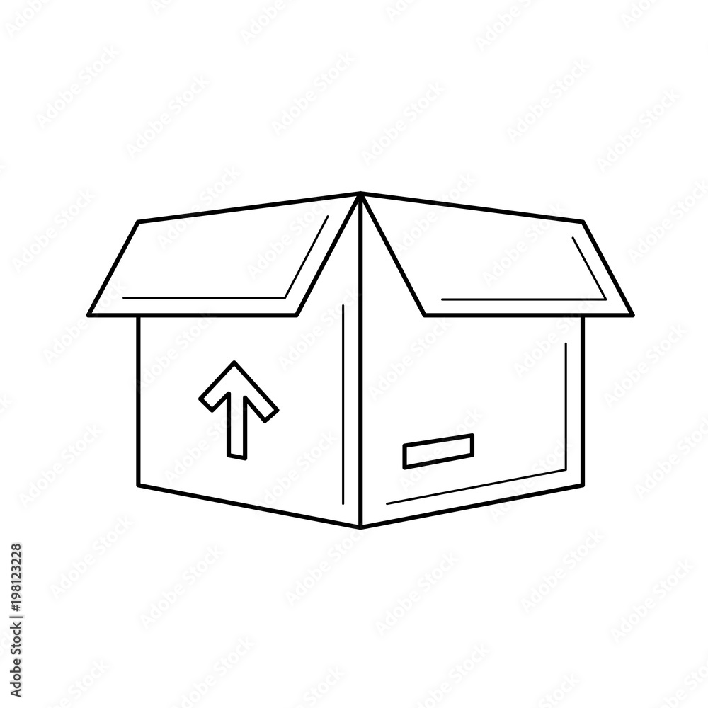 Poster carton package box vector line icon isolated on white background. open carton delivery box with frag