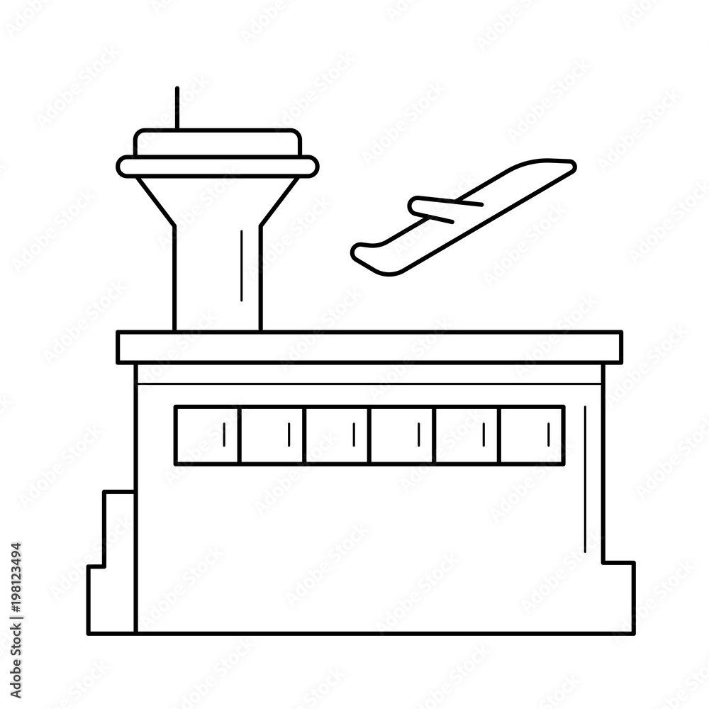 Poster Plane taking off in airport vector line icon isolated on white background. Airport departure line icon for infographic, website or app. Icon designed on a grid system.