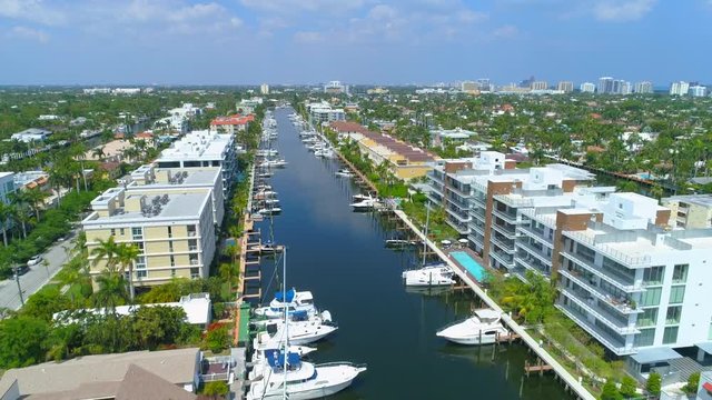 Residential Florida condos with dock aerial drone video footage
