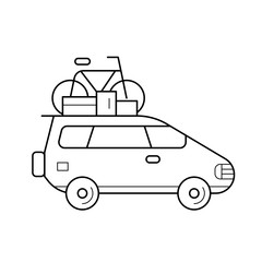 Minivan with a bicycle on a roof rack vector line icon isolated on white background. Car trip with a bicycle on a roof rack line icon for infographic, website or app. Icon designed on a grid system.