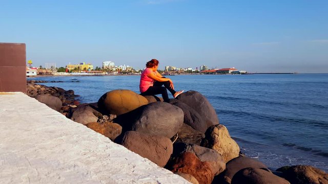 View Aquarium With a Girl Watching the Horizon.