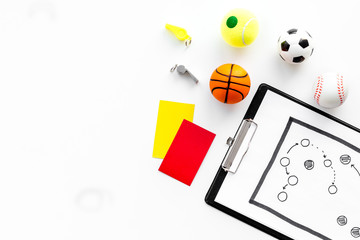 Sport judging concept. Basketball referee. Tactic plan for game, football ball, red and yellow...