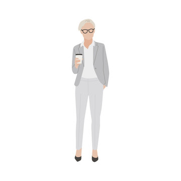 Illustrated business woman with hot coffee