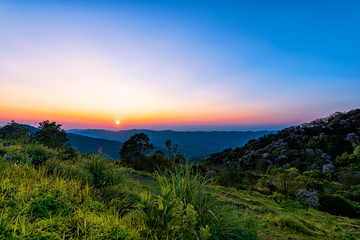 Phu Chi Fah in Chiang Rai,Thailand at sunset.Phu Chi Fah, is a mountain area and national forest park. it is one of the famous tourist attractions of the Thai highlands near Chiang Rai.