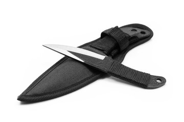 knives, sharp ends and there is a black plastic handle is placed on the white background.