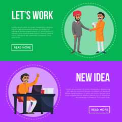Multicultural business partnership. Happy businessmen handshaking, indian man working on laptop at office desk. Business people meeting, partners connections and teamwork vector illustration.