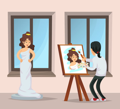 Young artist drawing portrait of beautiful girl. Male student in art workshop. Visual art studio classes, artistic occupation concept, professional education and creative hobby vector illustration.
