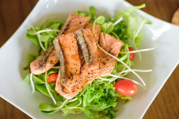 Closed up of salmon salad menu, food healthy, clean food. 