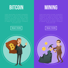 Cryptocurrency and blockchain technology flyers. Happy businessman with big money bag and miner with pickaxe mining gold coins. Bitcoin digital money mining, financial success vector illustration.