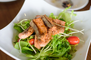 Closed up of salmon salad menu, food healthy, clean food. 