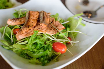 Closed up of salmon salad menu, food healthy, clean food. 