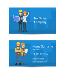 Building company business card layout with construction workers in uniform and safety helmets. Corporate identity template for professional engineering and construction services vector illustration.