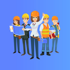 Сonstruction worker team in safety helmets. Engineer, architect with blueprint, builder, foreman with portable radio isolated on blue background. Industrial building company vector illustration.