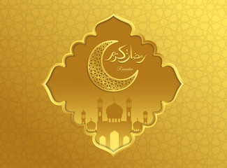 Islamic beautiful design template. Mosque and moon with lanterns on gold background. Ramadan kareem greeting card, Eid mubaruk, banner, cover or poster. Vector illustration. EPS 10.
