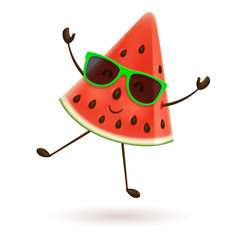 Cute watermelon character jumping. Vector illustration of cartoon slice of tropical fruit.
