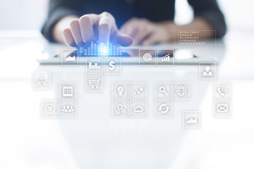 Virtual screen interface with applications icons. APPS. Strategy planning Internet technology concept.