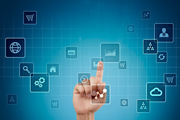 Virtual screen interface with applications icons. APPS. Strategy planning Internet technology concept.