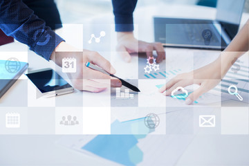 Virtual screen interface with applications icons. APPS. Strategy planning Internet technology concept.