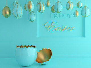 Golden easter egg with rabbit on pastel background . 3d rendering image