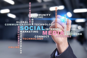 Social media network and marketing. Business, technology concept. Words cloud on virtual screen.