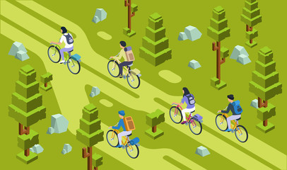 Obraz na płótnie Canvas Vector isometric tourists men women cycling together, travelling by bicycle bags for camping on forest, park summer green landscape with 3d trees, grass. Healthy eco family characters transportation