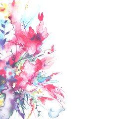 Watercolor bouquet of flowers, Beautiful abstract splash of paint, fashion illustration. Orchid flowers, poppy, cornflower, red gladiolus, peony, rose, field or garden flowers. Watercolor postcard.