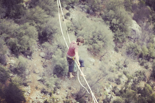 Walk a line in the sky.Turkish Highline Carnival in Antalya.