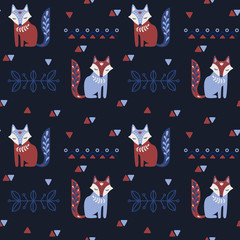 Scandinavian seamless vector folk pattern with fox and decorative elements. Vector repetitive background.