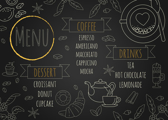 Restaurant Coffee Menu Design with Chalkboard Background.