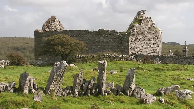 A steady shot of an old Irish house. The house is made out of stone.