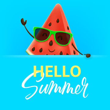 Hello summer with watermelon character. Vector illustration of cartoon slice of tropical fruit. Color banner with lettering.