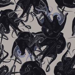 Seamless marine pattern. Octopus. Dark blue colours  - 198135821