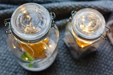 Beautiful lights, garland in a jar with textile. Love or valentine's day concept