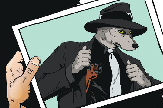 Confident cool man with gun. Wolf is a boss of mafia. People in images of animals.