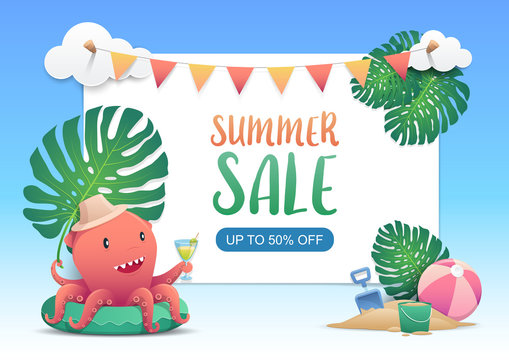 ute red octopus on the green inflatable swim ring with festival bunting ribbons hanging on the green exotic palm leaves and tropical plants and summer sale message. Summer and holiday concept.