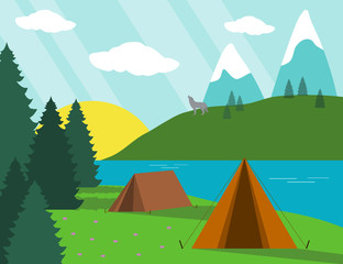 Landscape illustration of camping with wolf on background 