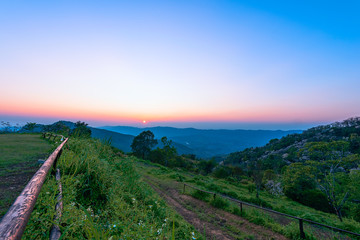 Phu Chi Fah in Chiang Rai,Thailand at sunset.Phu Chi Fah, is a mountain area and national forest park. it is one of the famous tourist attractions of the Thai highlands near Chiang Rai.