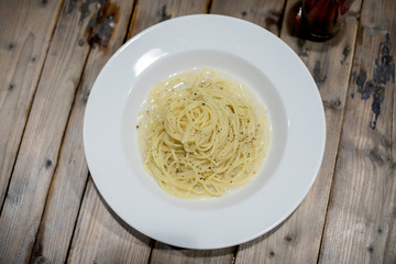 Restaurant dishes salads French fries cutlets olives