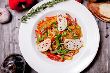 Restaurant dishes salads French fries cutlets olives