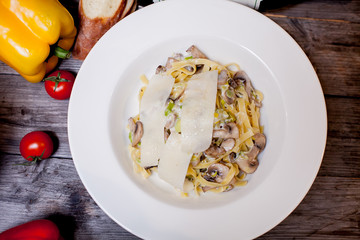 Restaurant dishes salads French fries cutlets olives