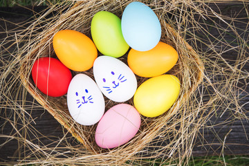 Colorful Easter eggs in the basket on grass field