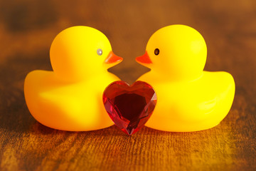 見つめ合うアヒルの人形
