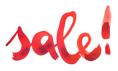 Big lettering style word "sale" handwritten in bright orange and red watercolor on clean white background